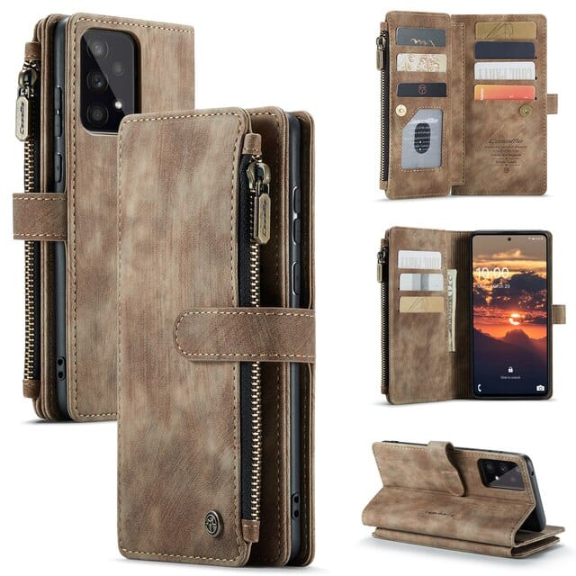 Zipper Leather Wallet Case For Samsung Galaxy A Series - Brown