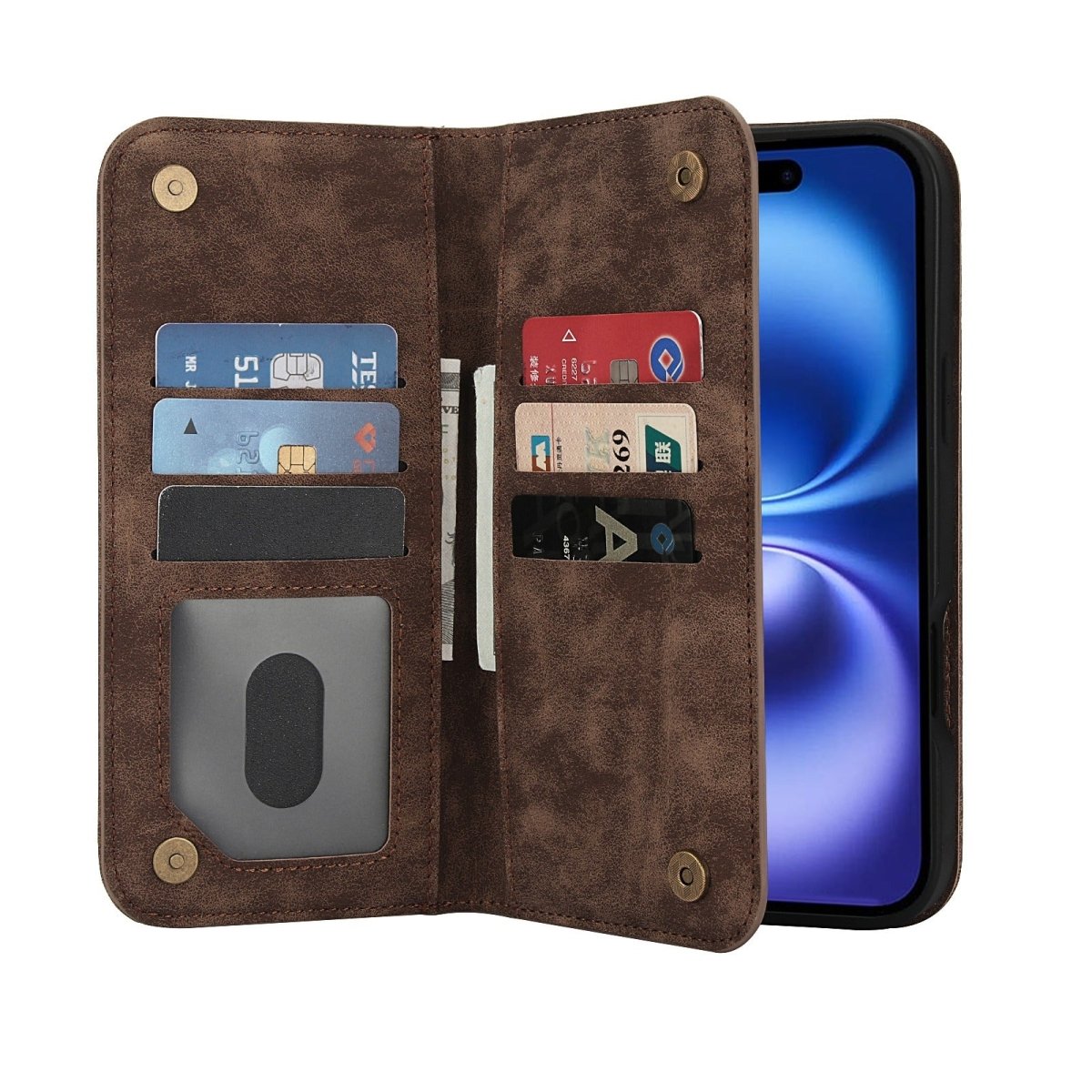 Leather Wallet Phone Case With Magnetic Charging - Brown