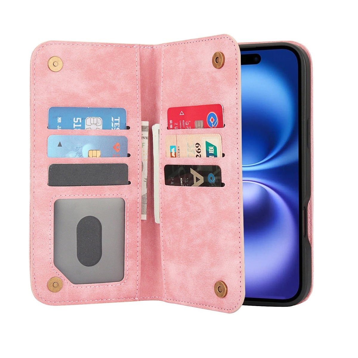 Leather Wallet Phone Case With Magnetic Charging - Pink