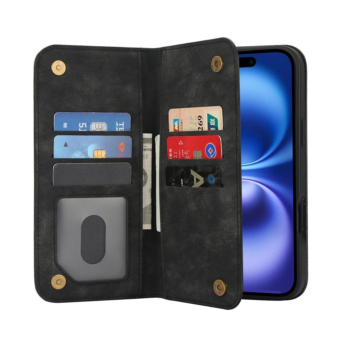 Leather Wallet Phone Case With Magnetic Charging - Black