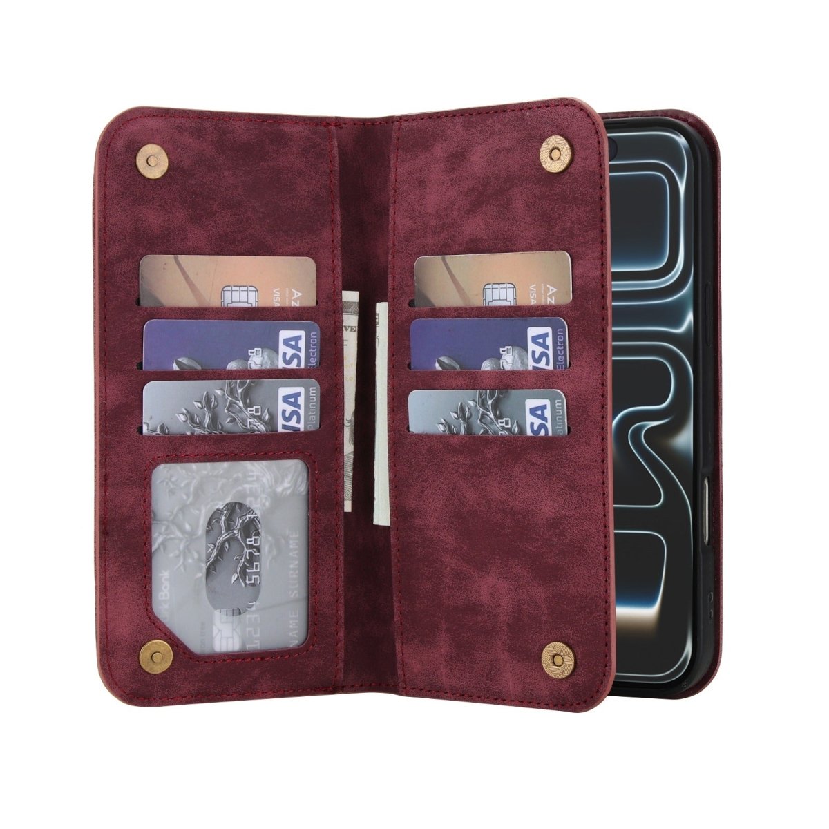 Leather Wallet Phone Case With Magnetic Charging - Wine Red