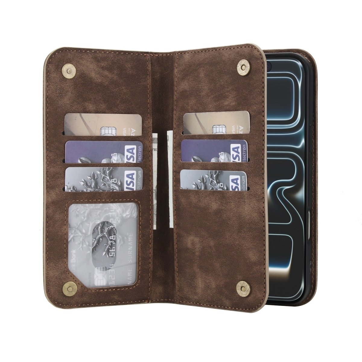 Leather Wallet Phone Case With Magnetic Charging - Brown