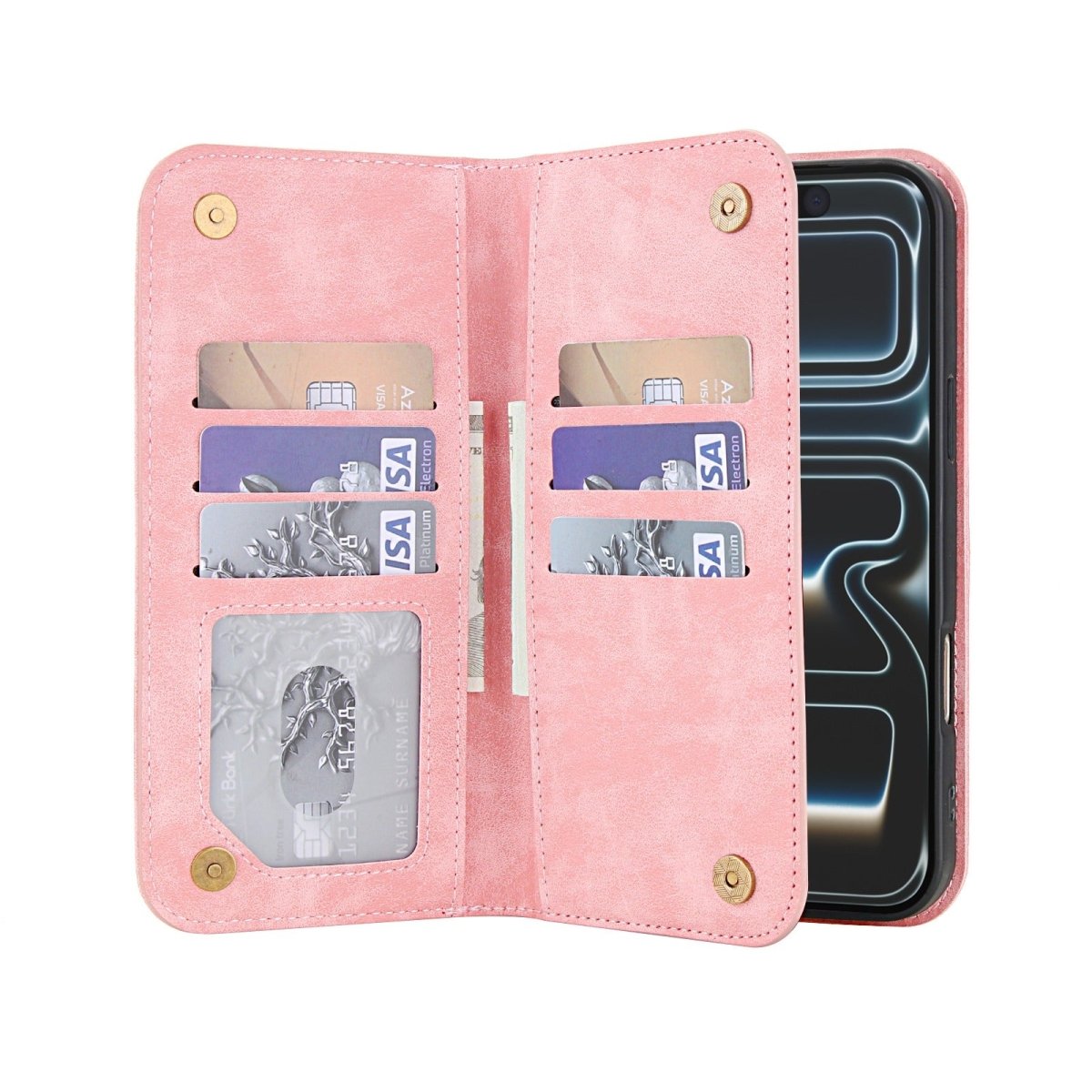 Leather Wallet Phone Case With Magnetic Charging - Pink