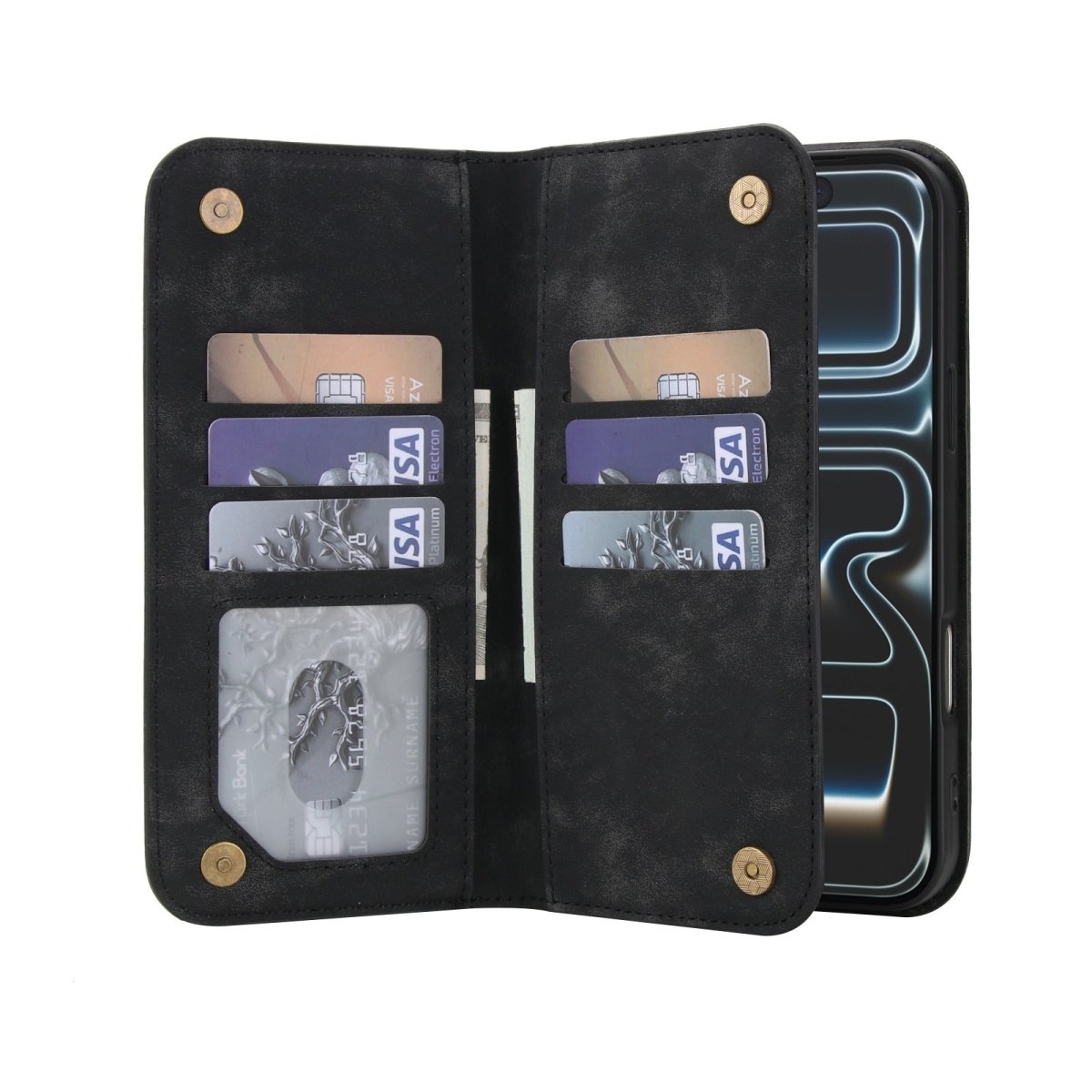 Leather Wallet Phone Case With Magnetic Charging - Black