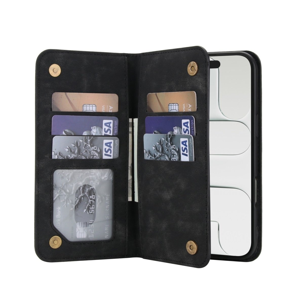 Leather Wallet Phone Case With Magnetic Charging - Black