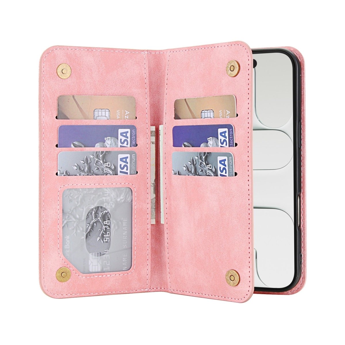 Leather Wallet Phone Case With Magnetic Charging - Pink