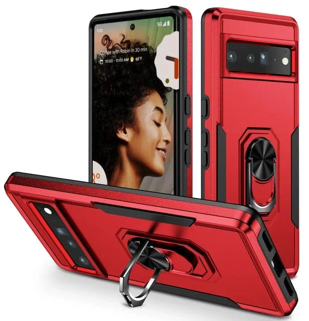 Shockproof Phone Case With Ring Grip For Google Pixel - Red and Black
