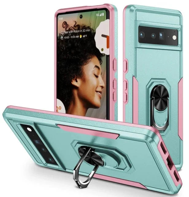 Shockproof Phone Case With Ring Grip For Google Pixel - Mint and Pink