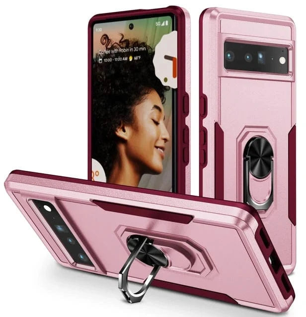Shockproof Phone Case With Ring Grip For Google Pixel - Pink and Maroon