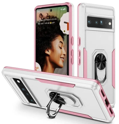 Shockproof Phone Case With Ring Grip For Google Pixel - White and Pink