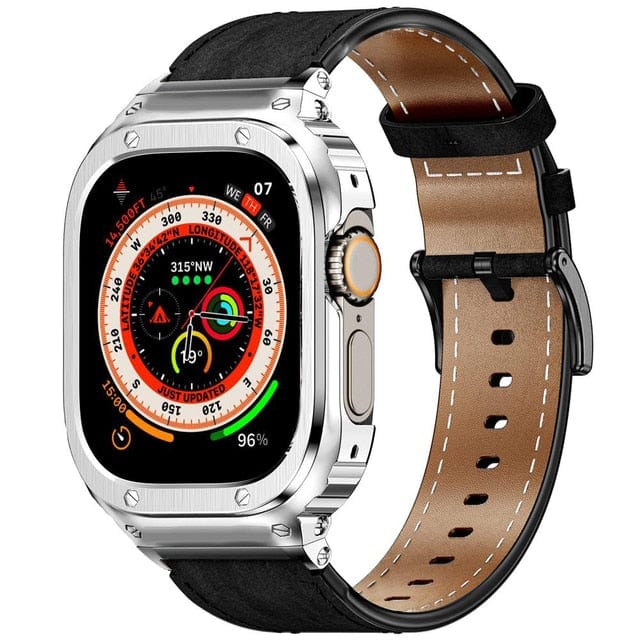 Leather Watch Band With Shockproof Case - Black Silver