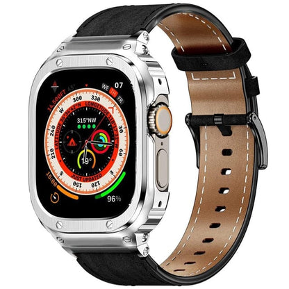 Leather Watch Band With Shockproof Case - Black Silver