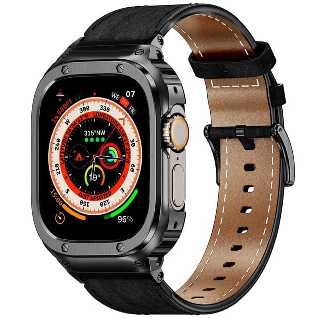 Leather Watch Band With Shockproof Case - Black