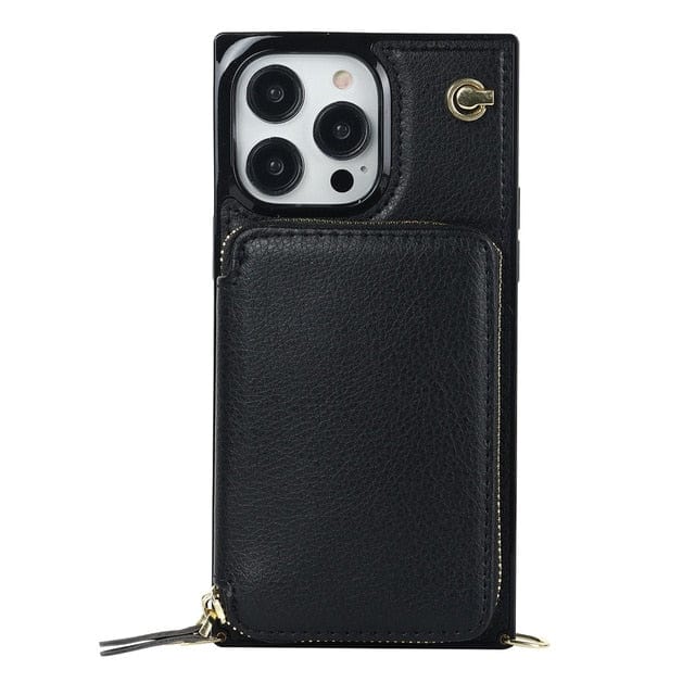 Leather Wallet Phone Case With Lanyard - Black