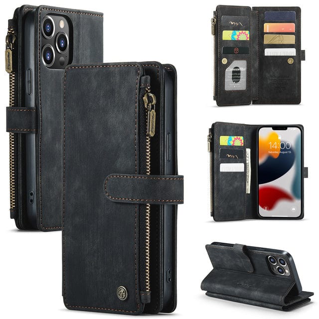 Zipper Leather Wallet Phone Case - Black