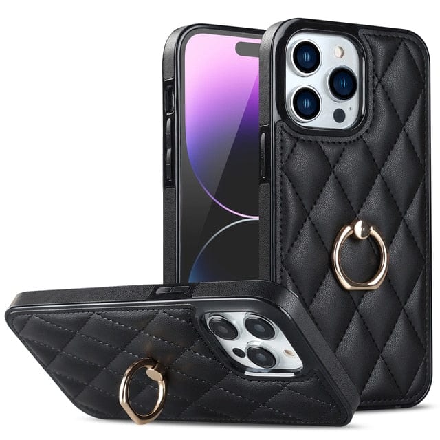 Classic Leather Phone Case With Ring Grip - Black