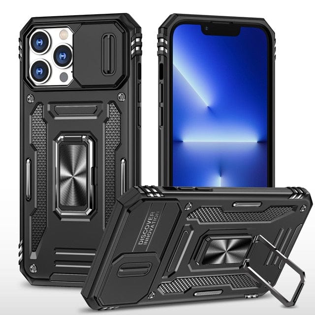 Magnetic Phone Case With Kickstand & Camera Cover - Black