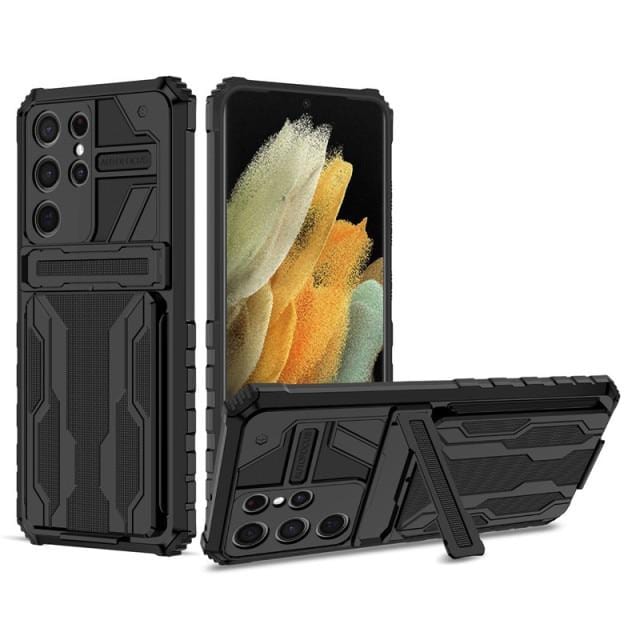Shockproof Card Holder Case With Kickstand For Samsung Galaxy - Black