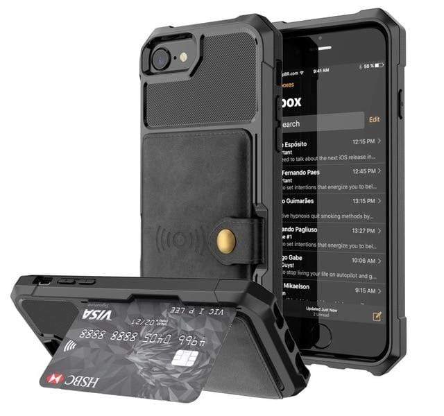 Magnetic Leather Phone Wallet Case - Black