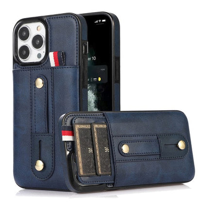 Leather Card Holder Phone Case With Kickstand - Blue