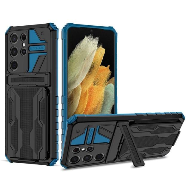 Shockproof Card Holder Case With Kickstand For Samsung Galaxy - Blue