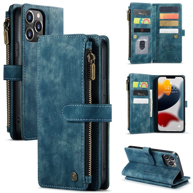Zipper Leather Wallet Phone Case - Blue