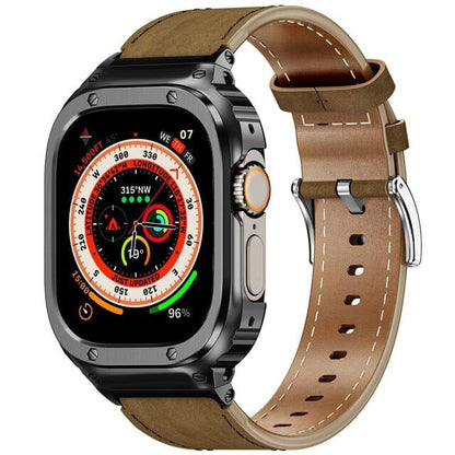 Leather Watch Band With Shockproof Case - Brown Black