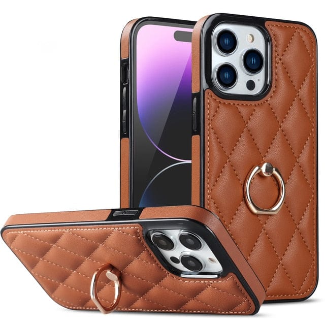 Classic Leather Phone Case With Ring Grip - Brown
