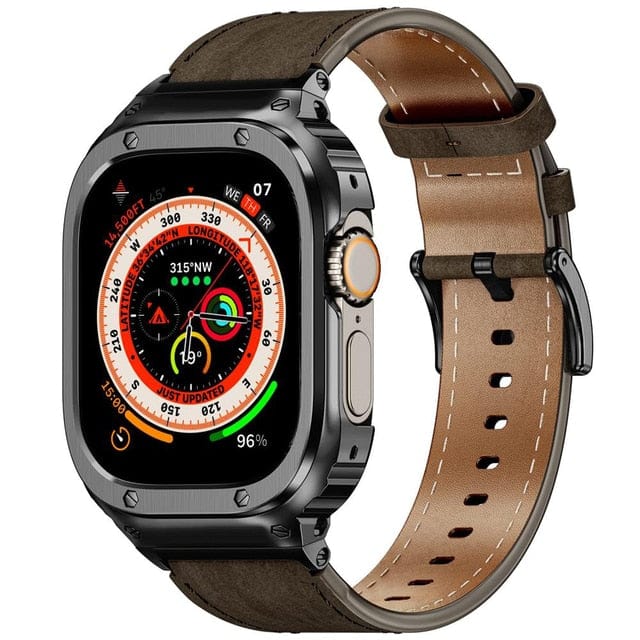 Leather Watch Band With Shockproof Case - Coffee Black