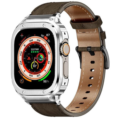 Leather Watch Band With Shockproof Case - Coffee Silver