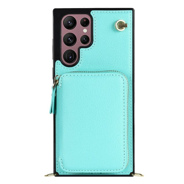 Leather Wallet Case With Lanyard For Samsung Galaxy - Mint Green