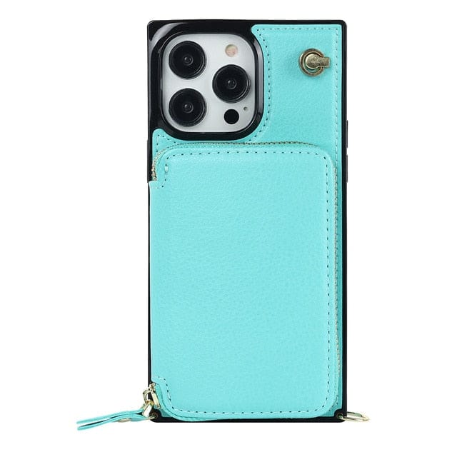 Leather Wallet Phone Case With Lanyard - Mint Green