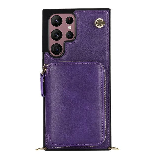 Leather Wallet Case With Lanyard For Samsung Galaxy - Purple