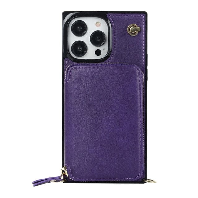 Leather Wallet Phone Case With Lanyard - Purple