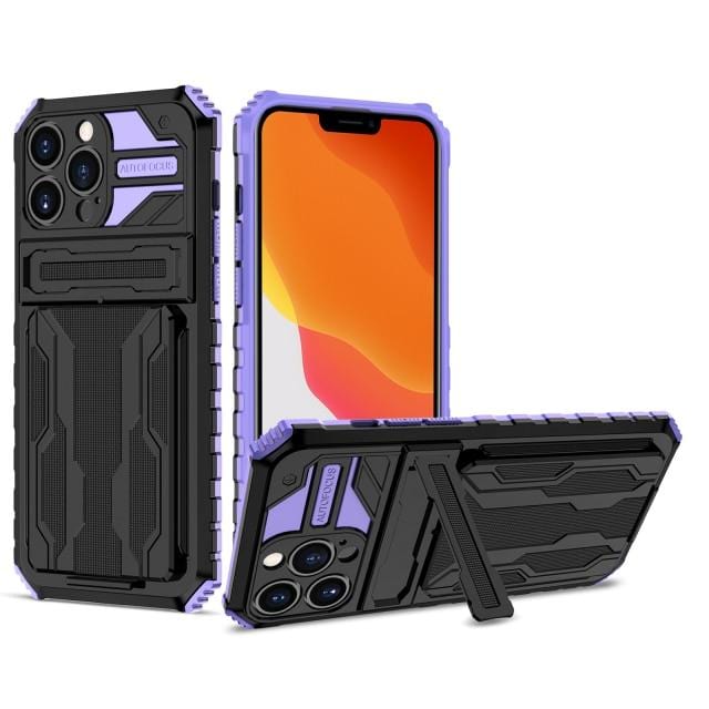 Shockproof Card Holder Phone Case With Kickstand - Purple