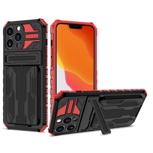 Shockproof Card Holder Phone Case With Kickstand - Red