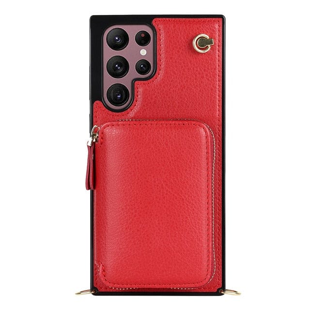 Leather Wallet Case With Lanyard For Samsung Galaxy - Red