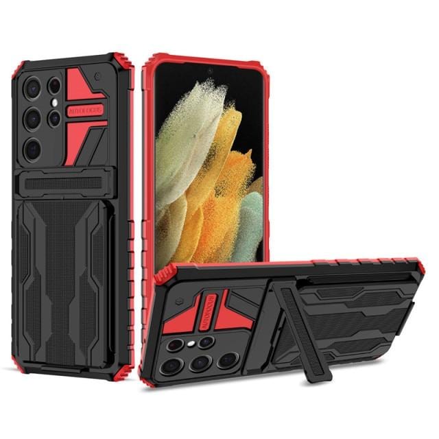 Shockproof Card Holder Case With Kickstand For Samsung Galaxy - Red