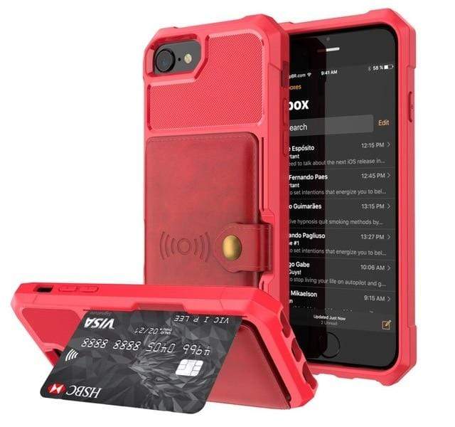Magnetic Leather Phone Wallet Case - Red