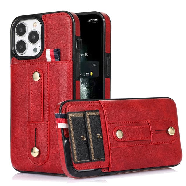 Leather Card Holder Phone Case With Kickstand - Red