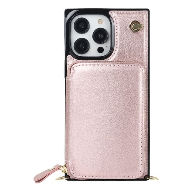 Leather Wallet Phone Case With Lanyard - Rose Gold