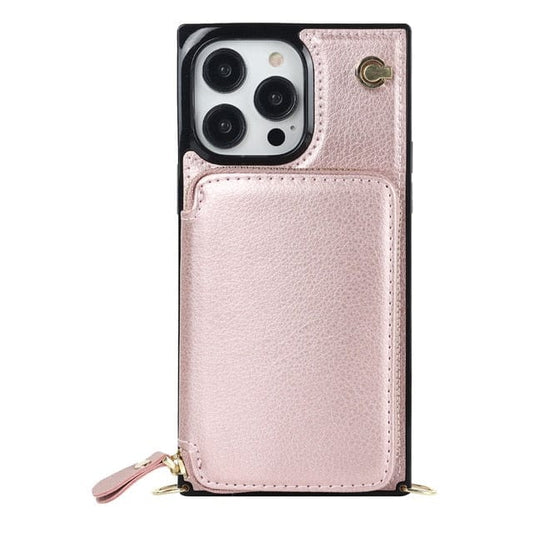 Leather Wallet Phone Case With Lanyard - Rose Gold