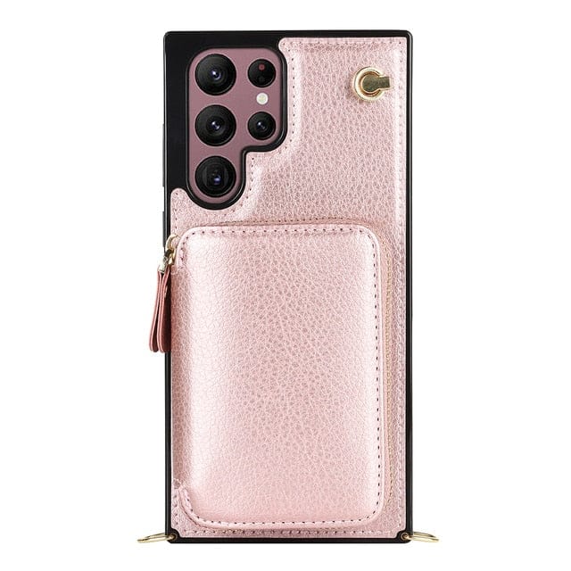 Leather Wallet Case With Lanyard For Samsung Galaxy - Rose Gold