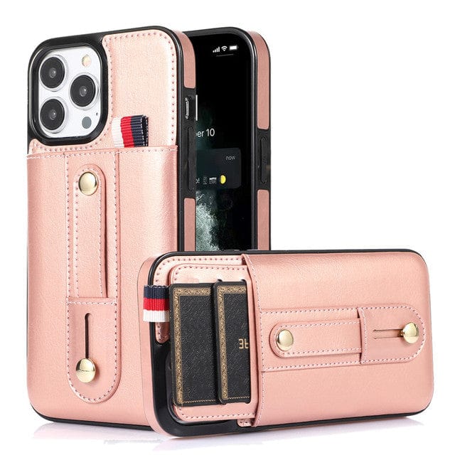Leather Card Holder Phone Case With Kickstand - Rose Gold
