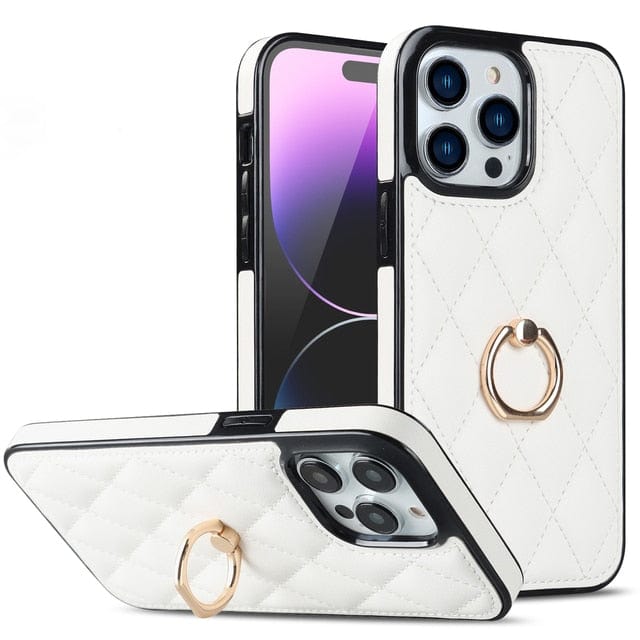 Classic Leather Phone Case With Ring Grip - White