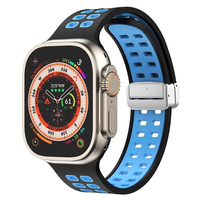 Breathable Magnetic Sports Watch Band - Black Blue/ Silver
