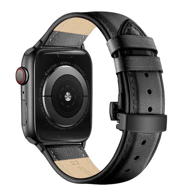 Butterfly Leather Watch Band - Black / Black Buckle