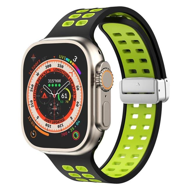 Breathable Magnetic Sports Watch Band - Black Green/ Silver