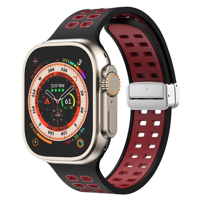 Breathable Magnetic Sports Watch Band - Black Red/ Silver