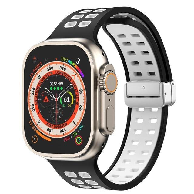 Breathable Magnetic Sports Watch Band - Black White/ Silver